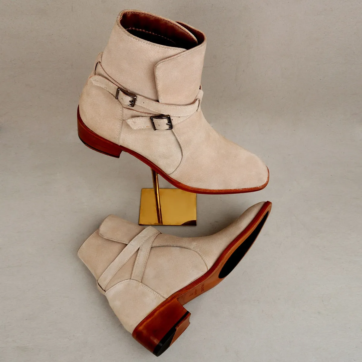 Jodhpuri Suede Leather Boots with Beige Ankle Wrap Around Buckle Strap by Brune & Bareskin