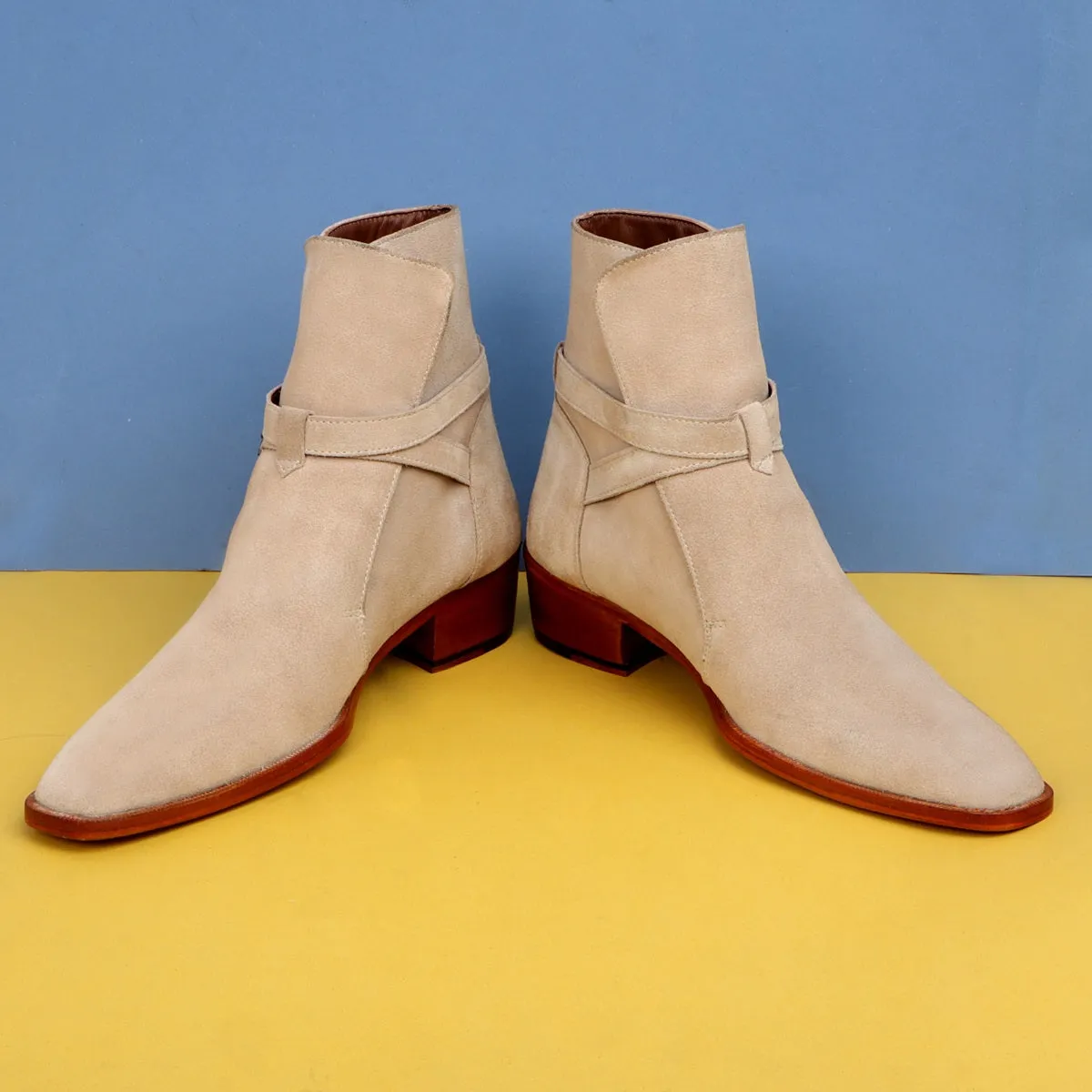 Jodhpuri Suede Leather Boots with Beige Ankle Wrap Around Buckle Strap by Brune & Bareskin