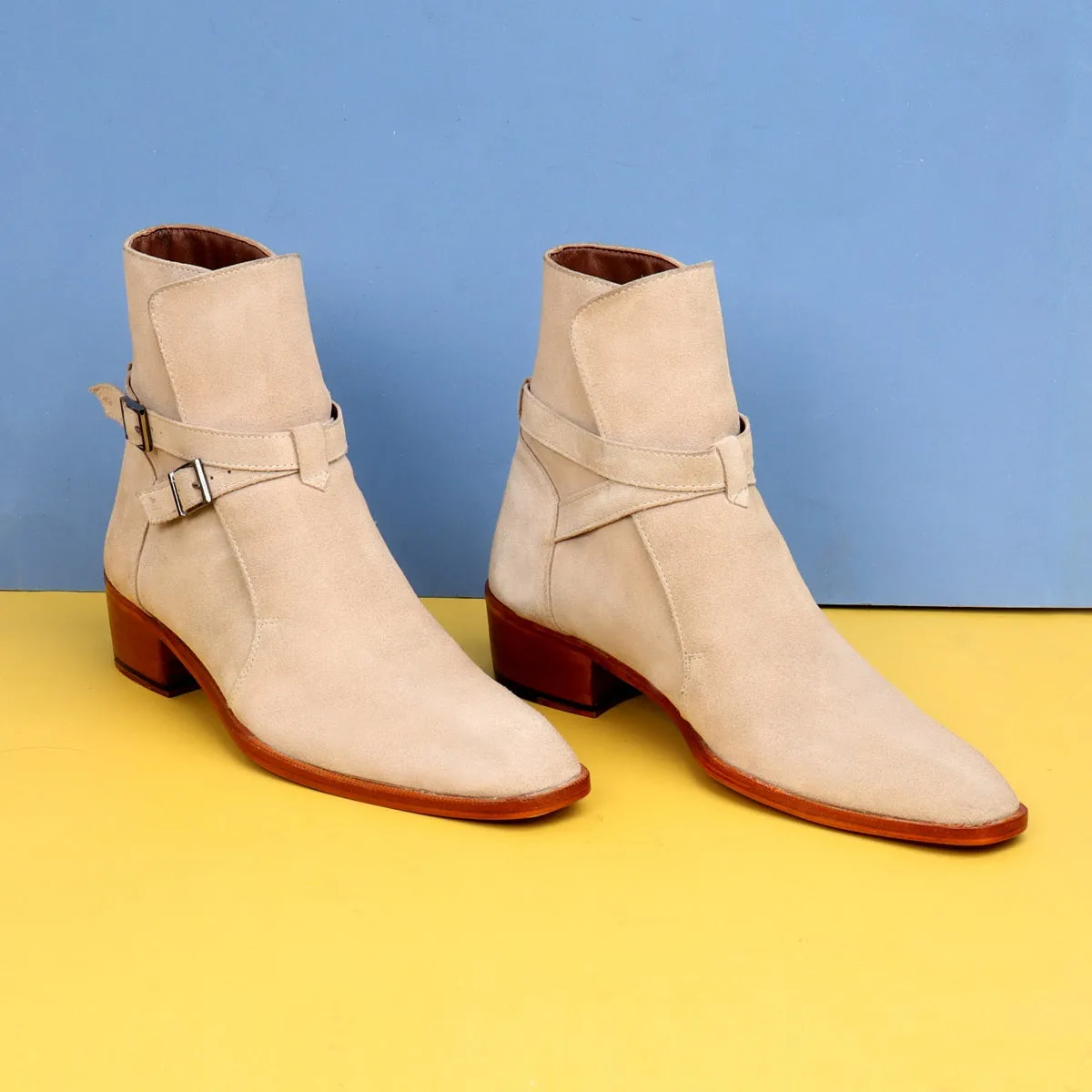 Jodhpuri Suede Leather Boots with Beige Ankle Wrap Around Buckle Strap by Brune & Bareskin