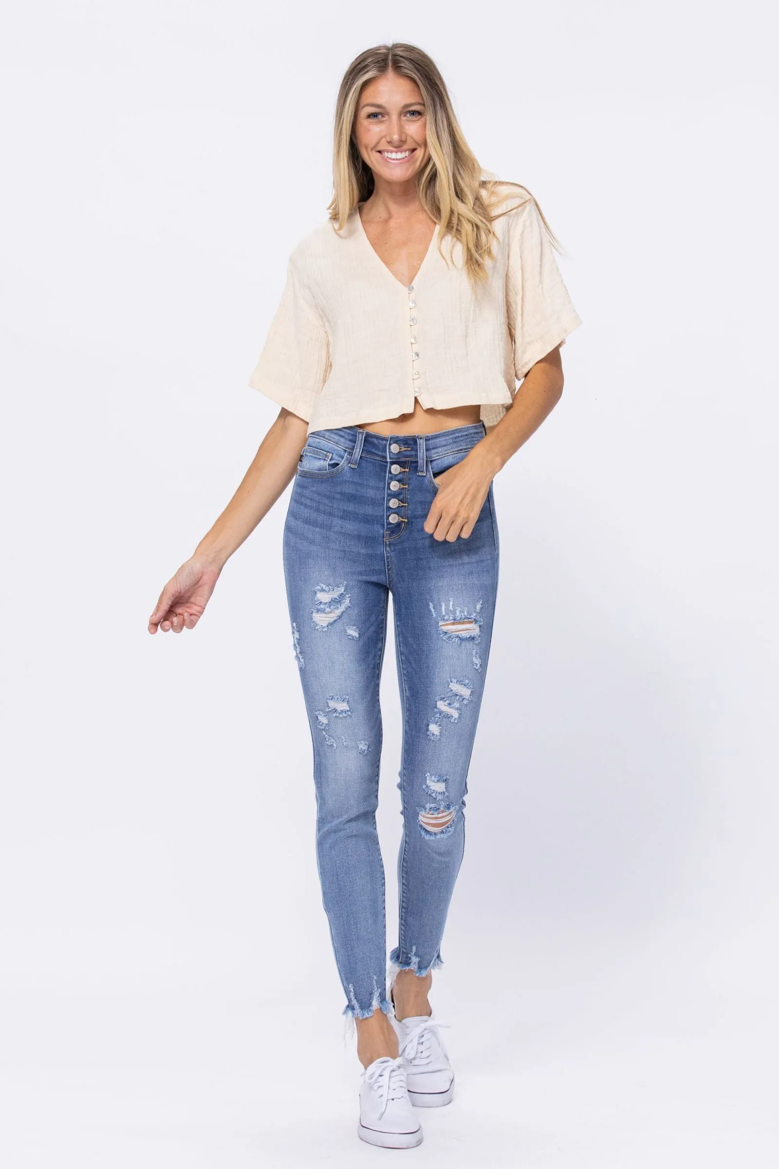 Judy Blue High Waist Destroyed Button Fly Skinny Denim 82263