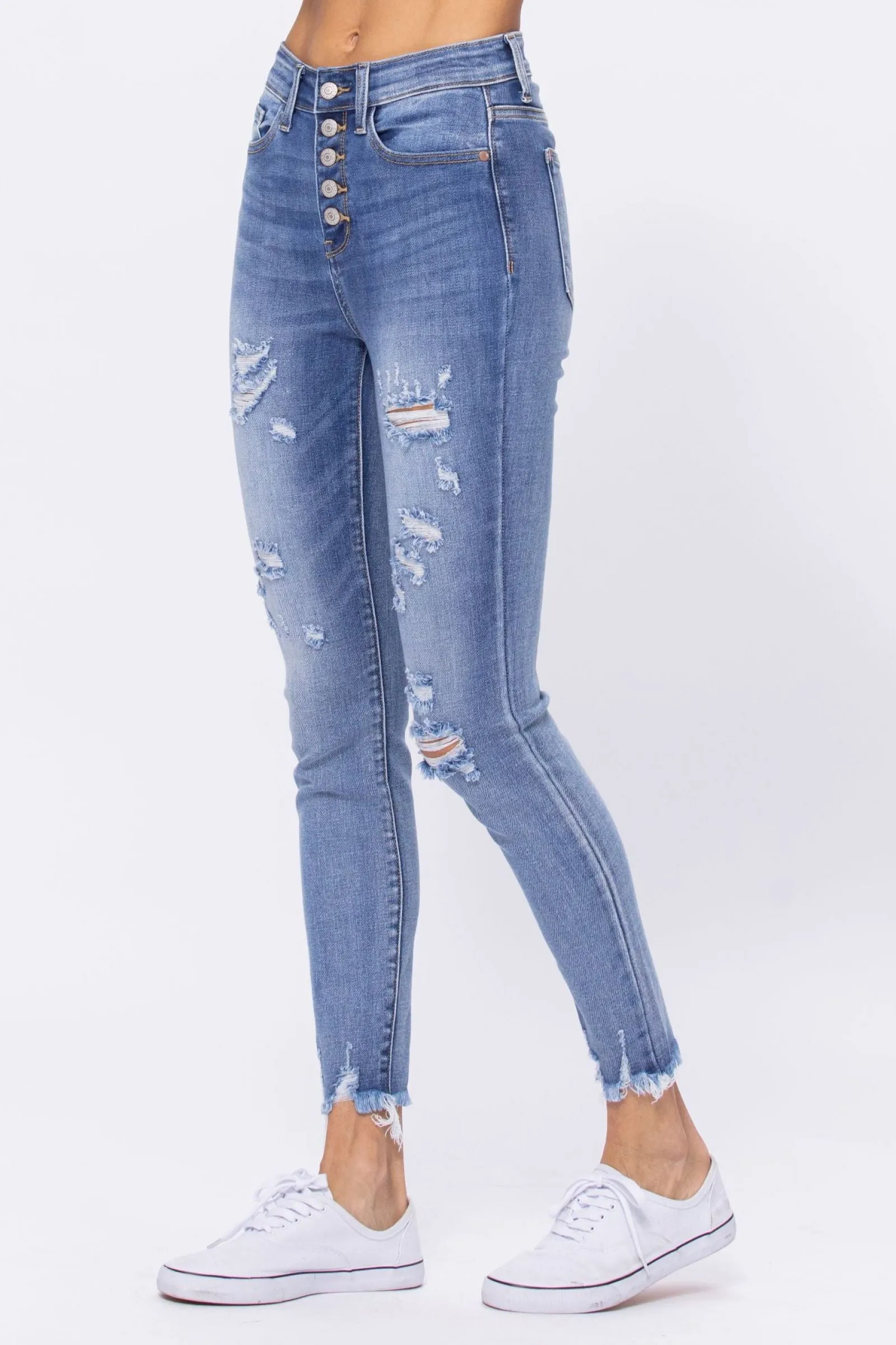 Judy Blue High Waist Destroyed Button Fly Skinny Denim 82263