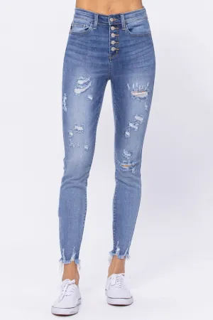 Judy Blue High Waist Destroyed Button Fly Skinny Denim 82263