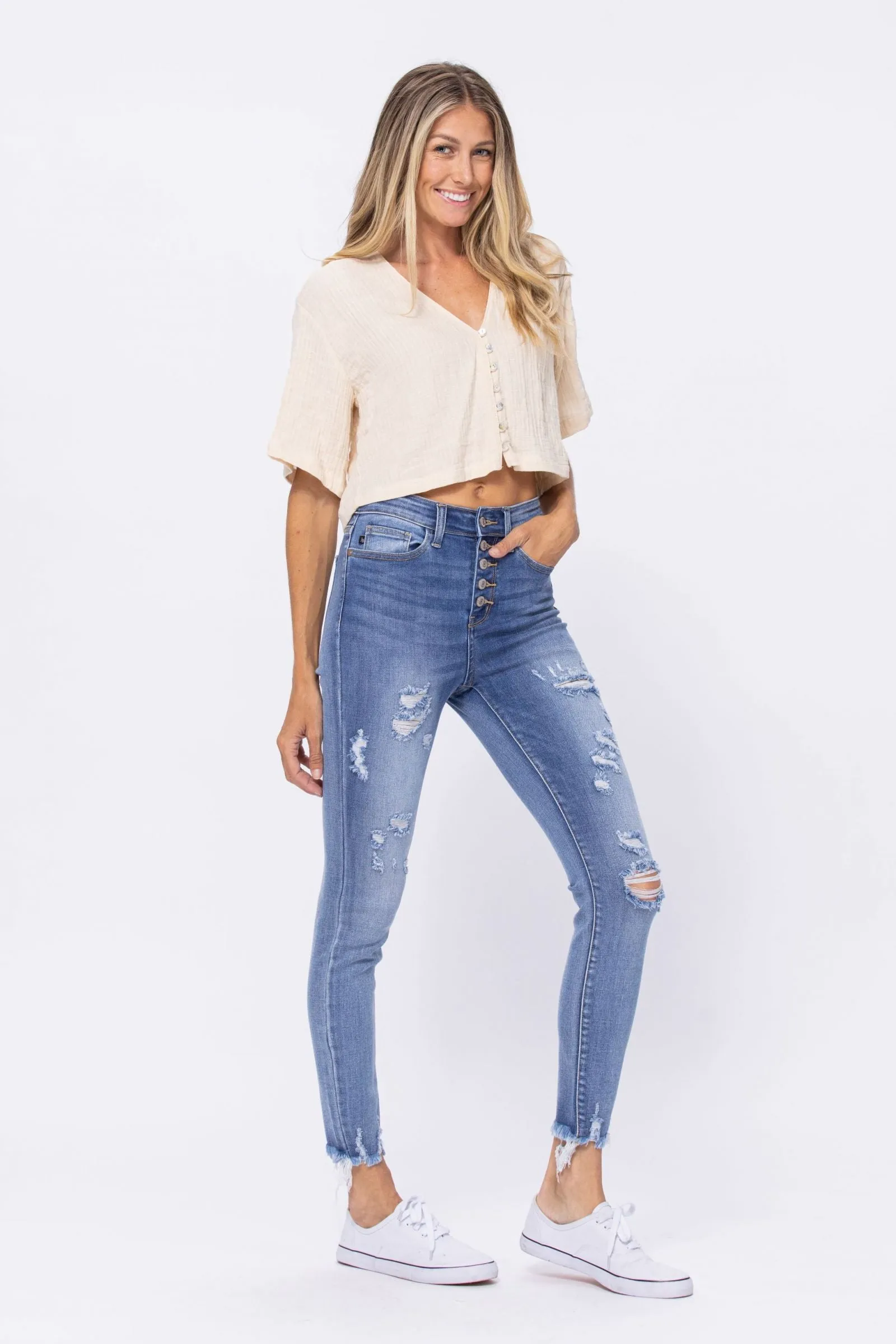Judy Blue High Waist Destroyed Button Fly Skinny Denim 82263