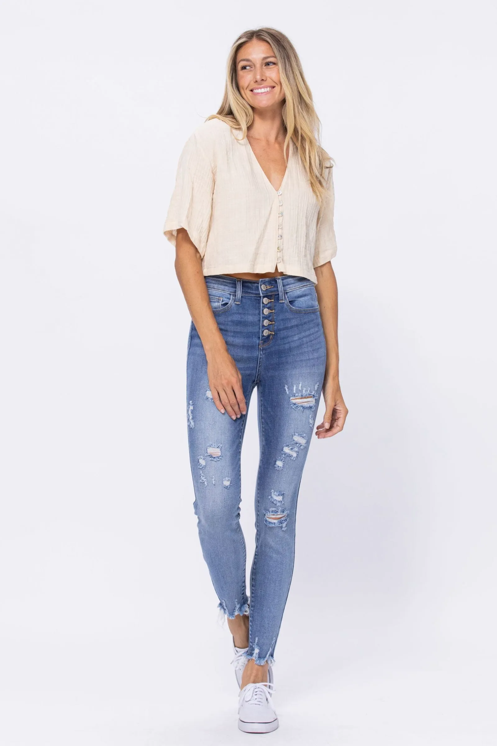 Judy Blue High Waist Destroyed Button Fly Skinny Denim 82263