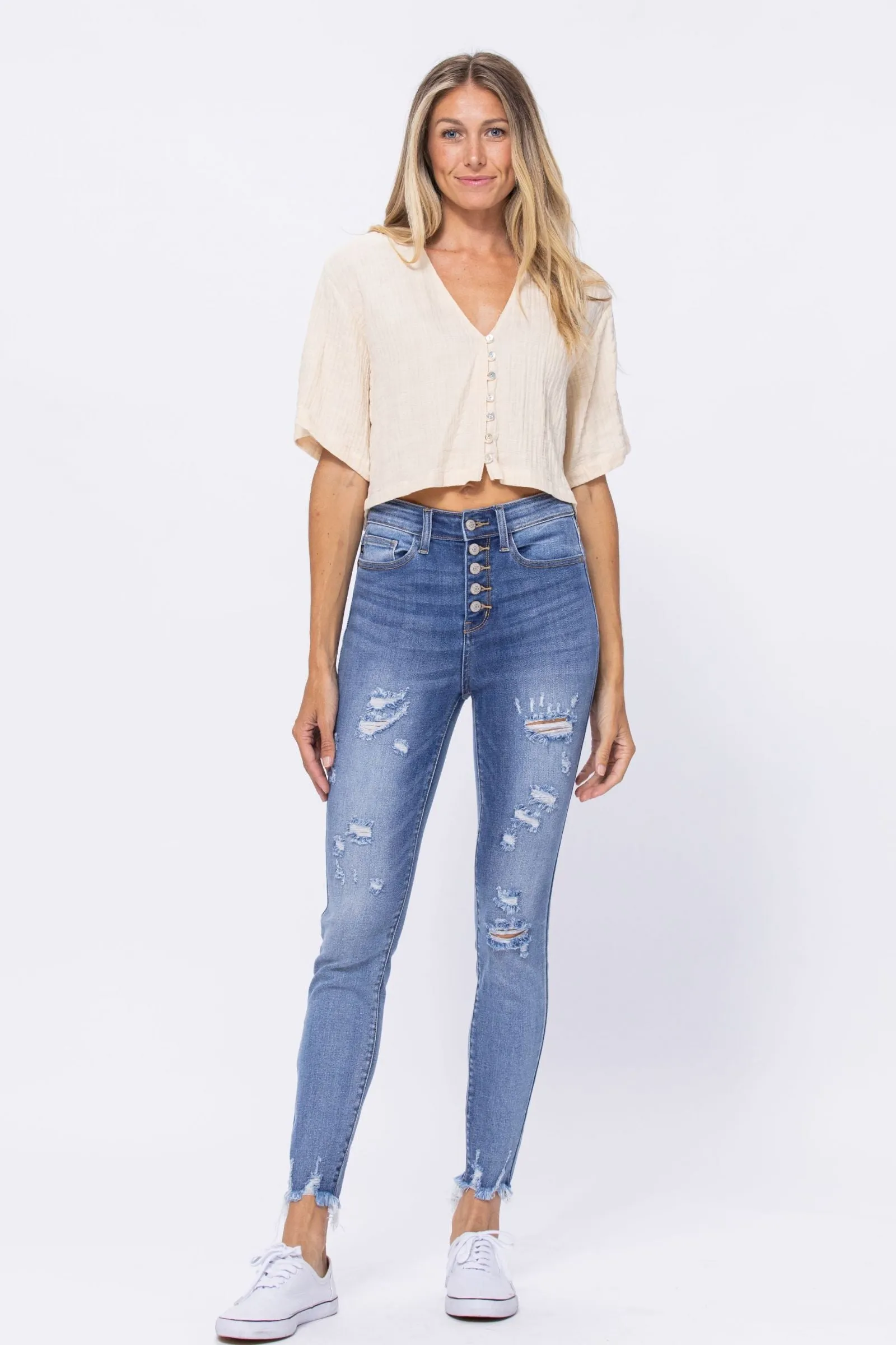 Judy Blue High Waist Destroyed Button Fly Skinny Denim 82263