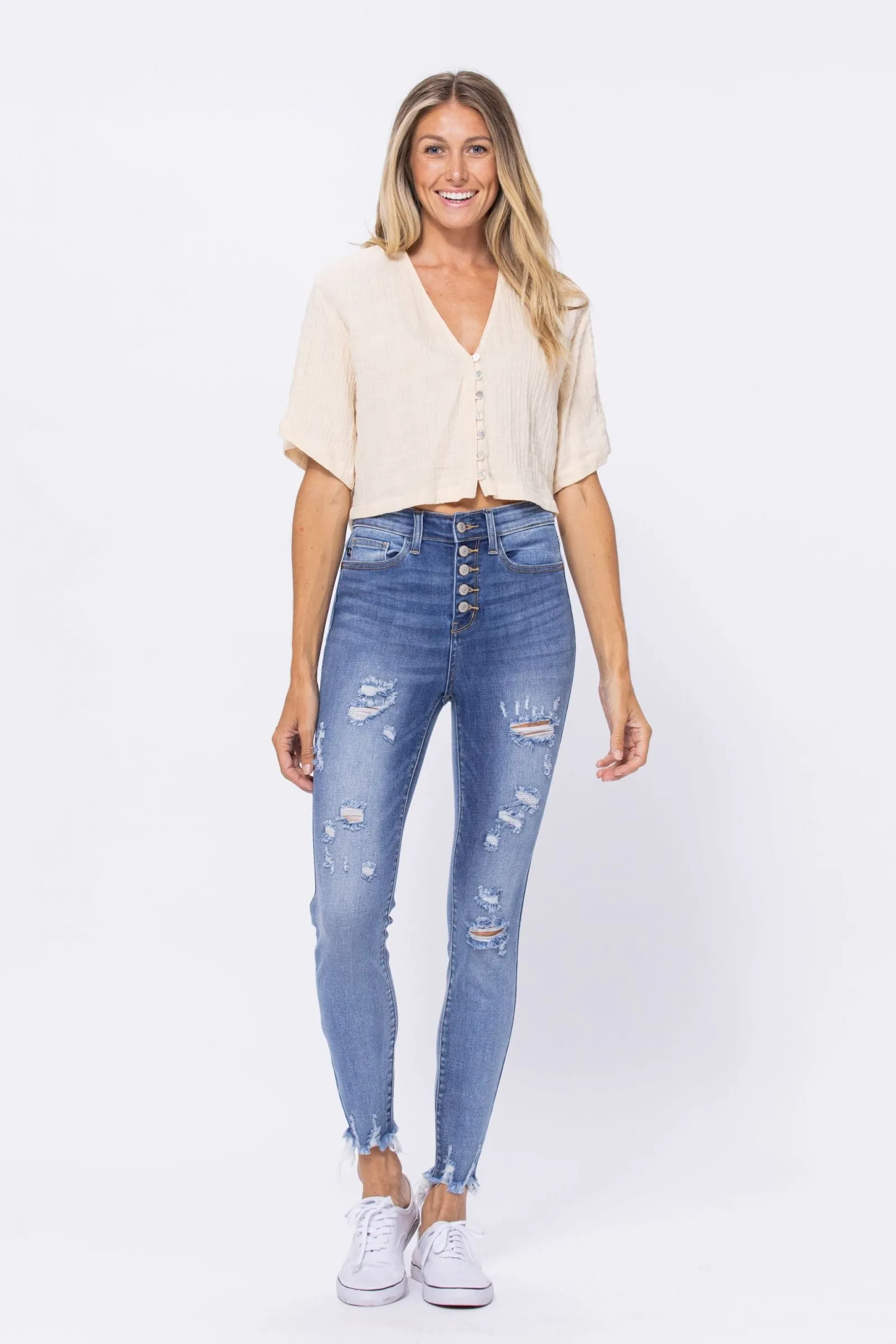 Judy Blue High Waist Destroyed Button Fly Skinny Denim 82263