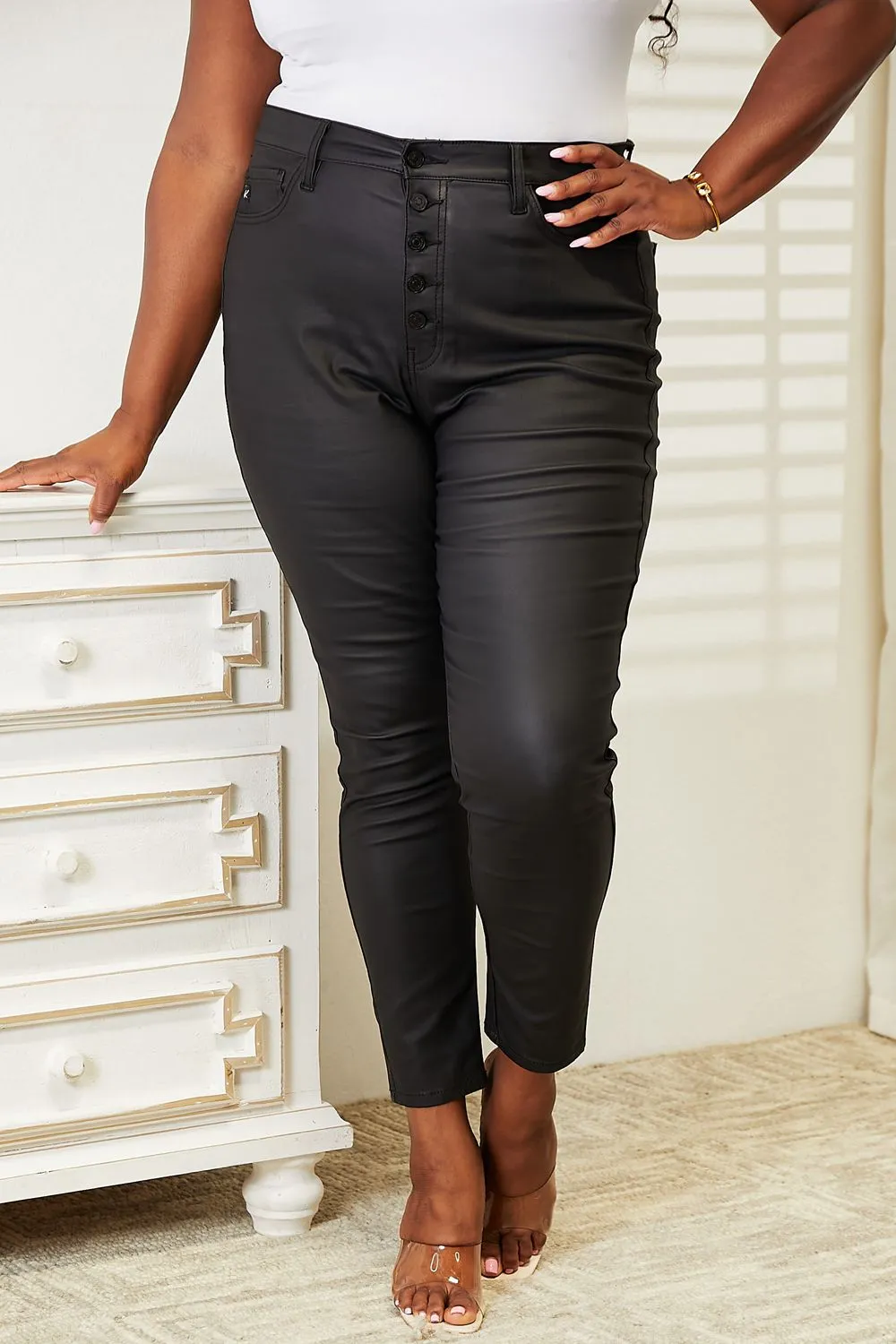 KANCAN HIGH RISE BLACK COATED ANKLE SKINNY JEANS