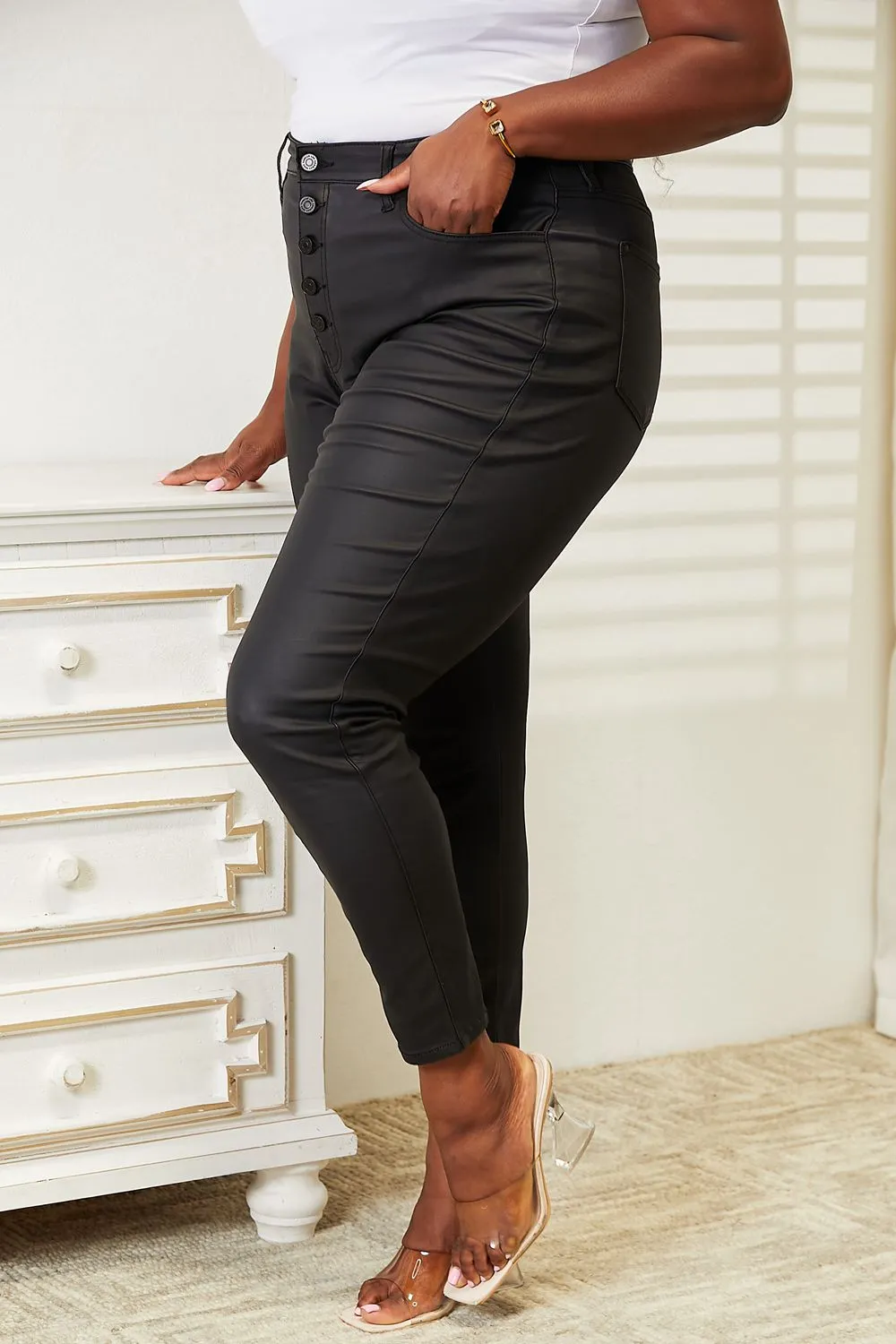 KANCAN HIGH RISE BLACK COATED ANKLE SKINNY JEANS