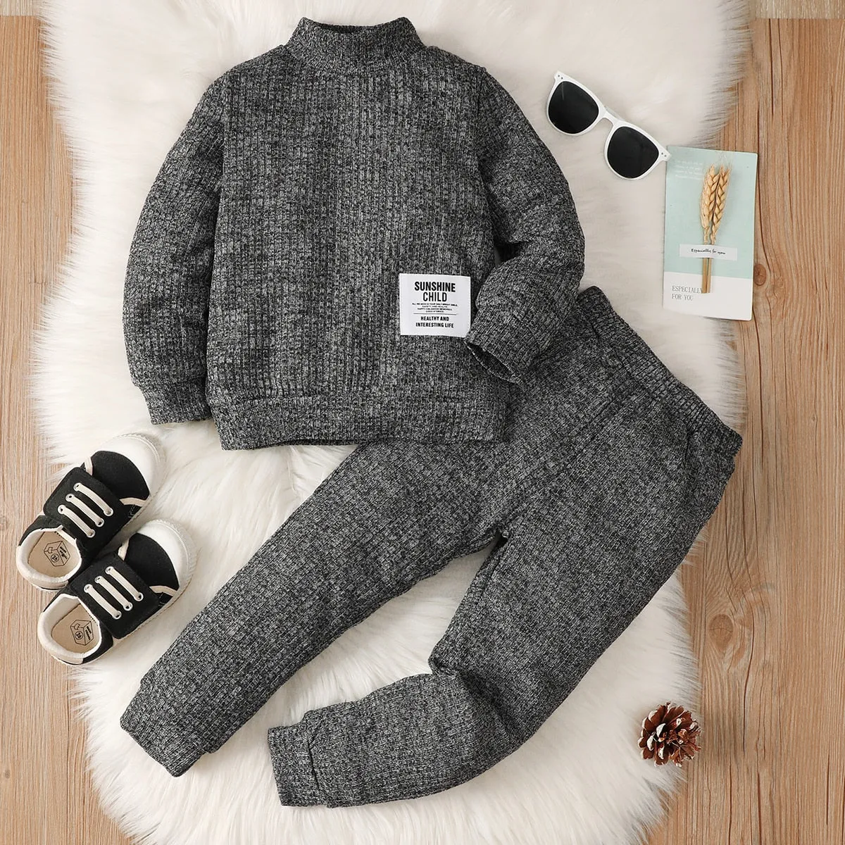 Kids Boys High Collar Top Warm Pants 2 PCS Set