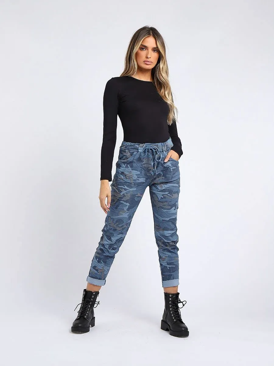 Ladies Italian Camouflage Army Print Trouser Magic Joggers Pant 8-22