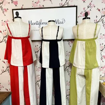 Lemon Grass Striped Flowy Tank With Braided Straps & Wide Leg Pant Set