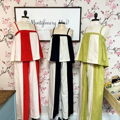 Lemon Grass Striped Flowy Tank With Braided Straps & Wide Leg Pant Set