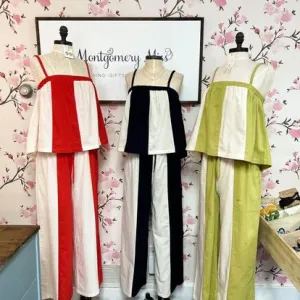 Lemon Grass Striped Flowy Tank With Braided Straps & Wide Leg Pant Set
