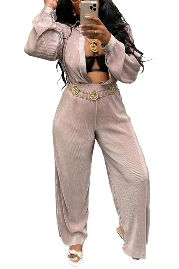 MB FASHION Two-Piece Button-Up Blouse and High-Waisted Pants Set 221R