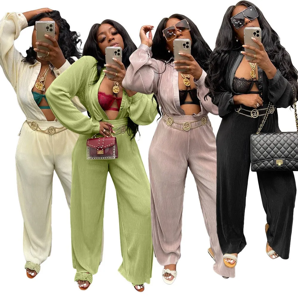 MB FASHION Two-Piece Button-Up Blouse and High-Waisted Pants Set 221R