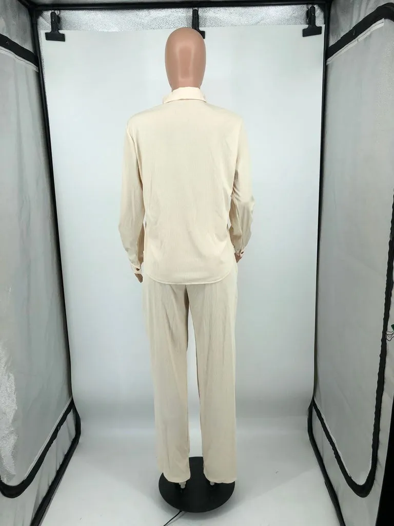 MB FASHION Two-Piece Button-Up Blouse and High-Waisted Pants Set 221R