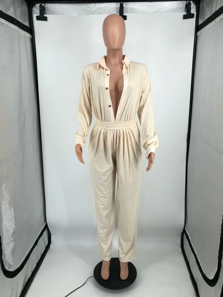 MB FASHION Two-Piece Button-Up Blouse and High-Waisted Pants Set 221R