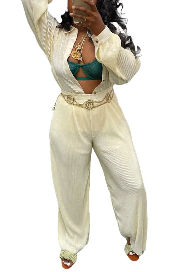 MB FASHION Two-Piece Button-Up Blouse and High-Waisted Pants Set 221R