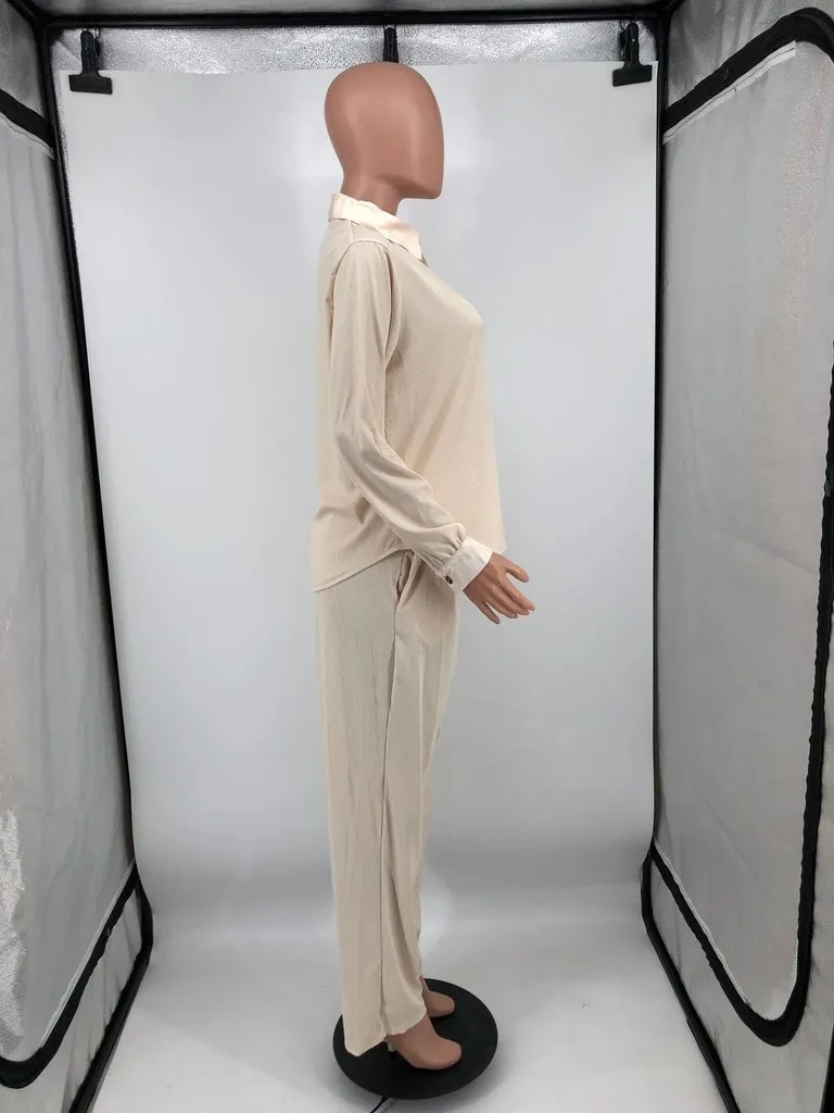 MB FASHION Two-Piece Button-Up Blouse and High-Waisted Pants Set 221R
