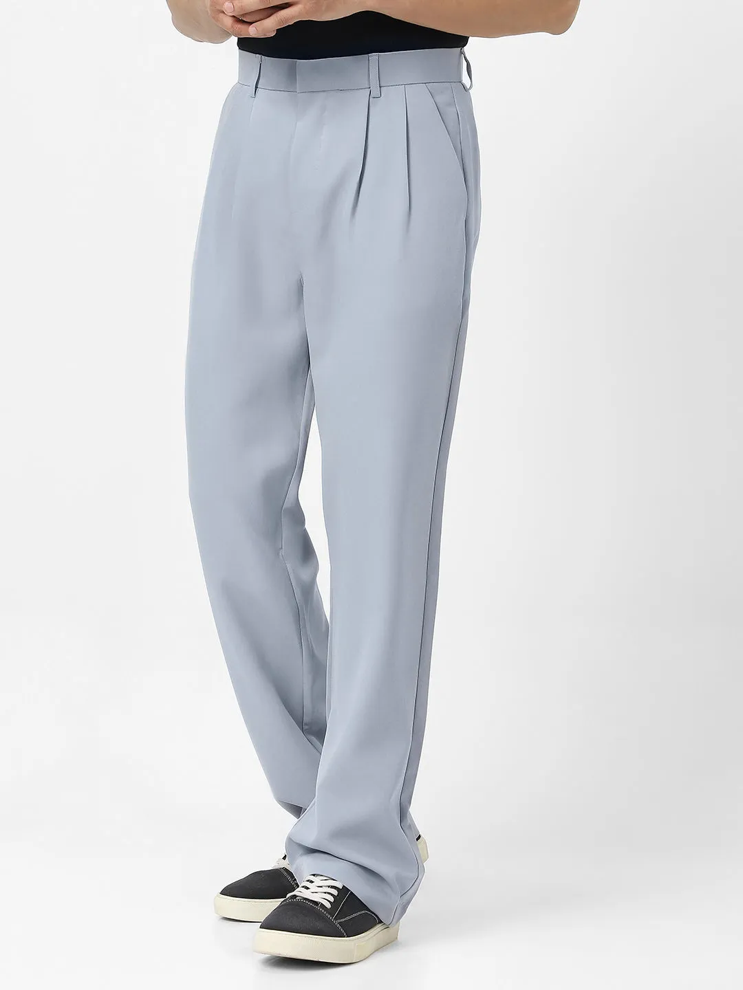 Men's Light Blue Loose Baggy Fit Solid Korean Trousers Stretchable