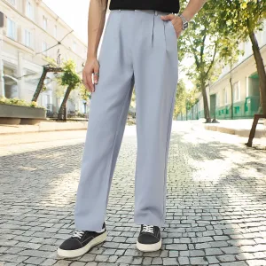 Men's Light Blue Loose Baggy Fit Solid Korean Trousers Stretchable