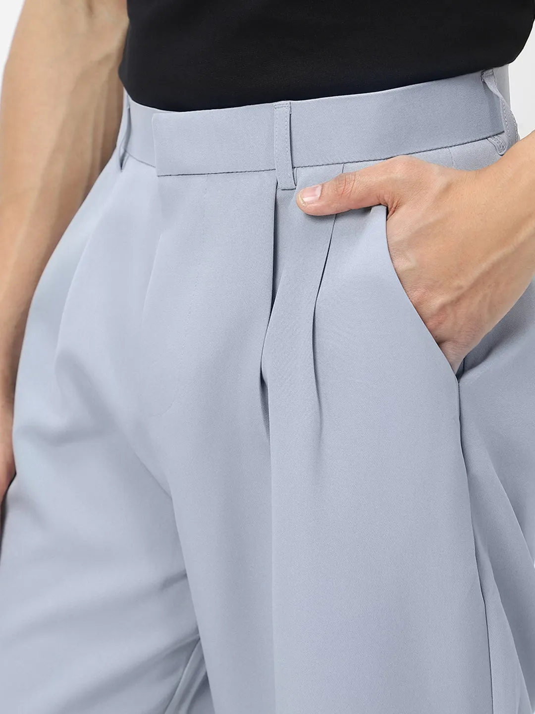 Men's Light Blue Loose Baggy Fit Solid Korean Trousers Stretchable