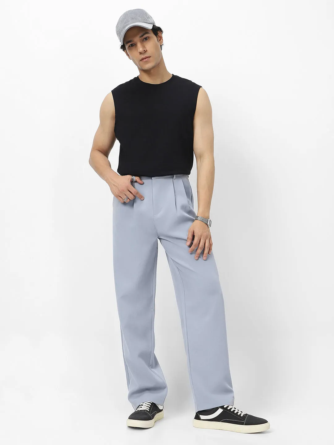 Men's Light Blue Loose Baggy Fit Solid Korean Trousers Stretchable