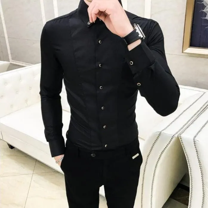 Men's Luxury Long Sleeve Slim Fit Dress Shirt – Elegant Formal & Casual Wear in Black or White