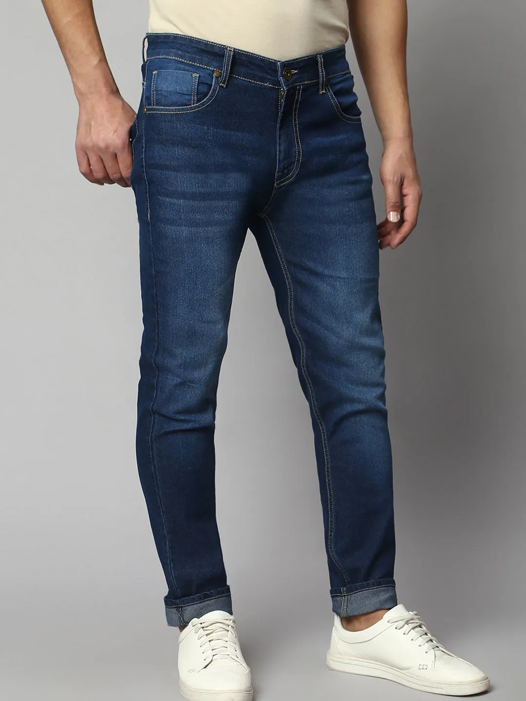 Men's Slim Fit Stretchable Dark Blue Denim Jeans With 5 Pockets And Buttoned Waist