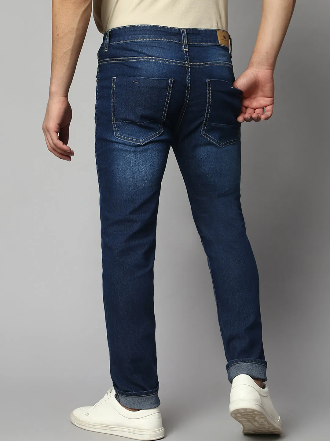 Men's Slim Fit Stretchable Dark Blue Denim Jeans With 5 Pockets And Buttoned Waist