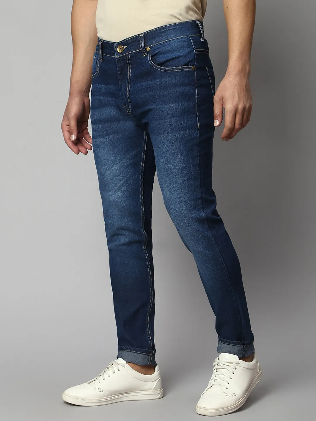 Men's Slim Fit Stretchable Dark Blue Denim Jeans With 5 Pockets And Buttoned Waist