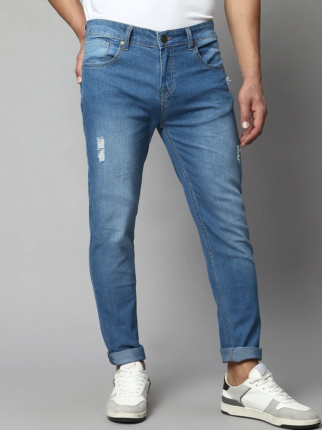 Men's Slim Fit Stretchable Mild Distressed Denim Jeans (Light Blue)