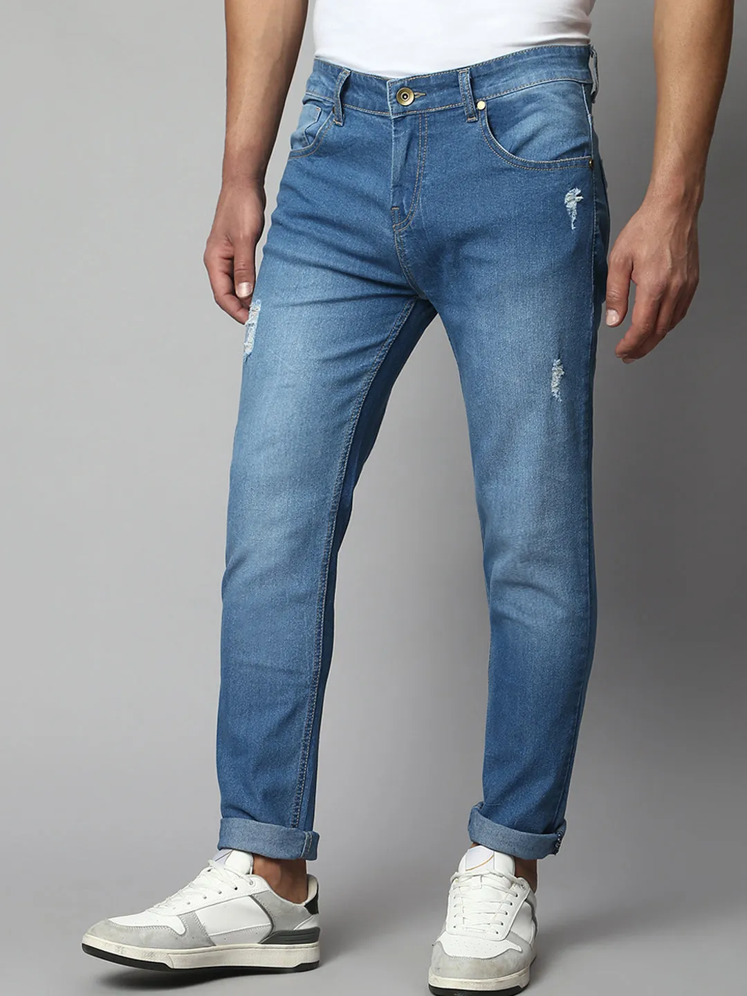 Men's Slim Fit Stretchable Mild Distressed Denim Jeans (Light Blue)