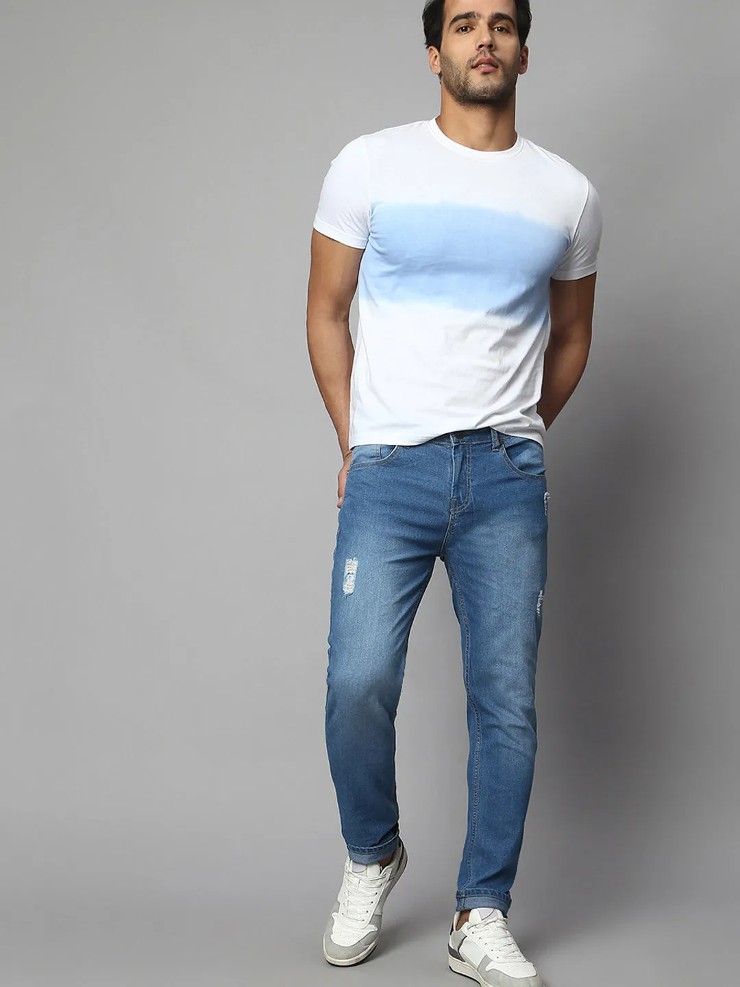 Men's Slim Fit Stretchable Mild Distressed Denim Jeans (Light Blue)