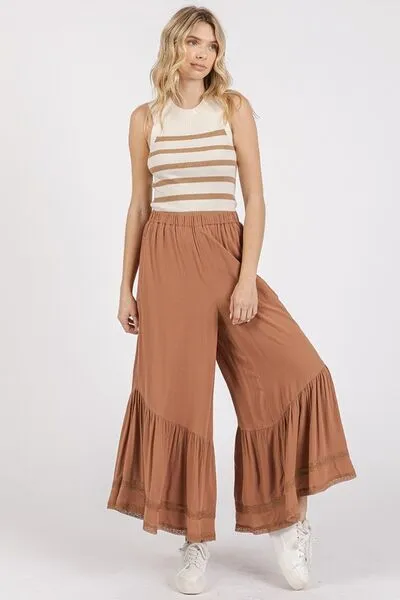 Mittoshop Caramel Lace Ruffle Asymmetric Hem Wide Leg Pants