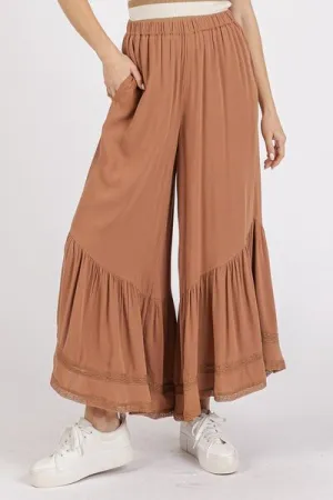 Mittoshop Caramel Lace Ruffle Asymmetric Hem Wide Leg Pants