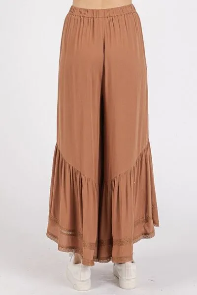 Mittoshop Caramel Lace Ruffle Asymmetric Hem Wide Leg Pants