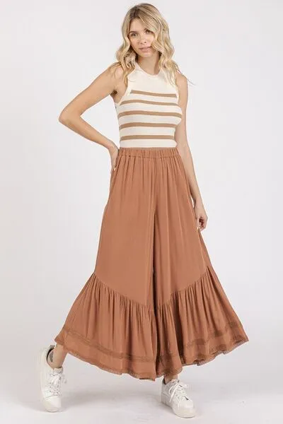 Mittoshop Caramel Lace Ruffle Asymmetric Hem Wide Leg Pants