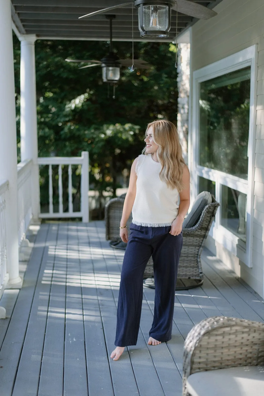 Navy Linen Blend Wide Leg Trousers