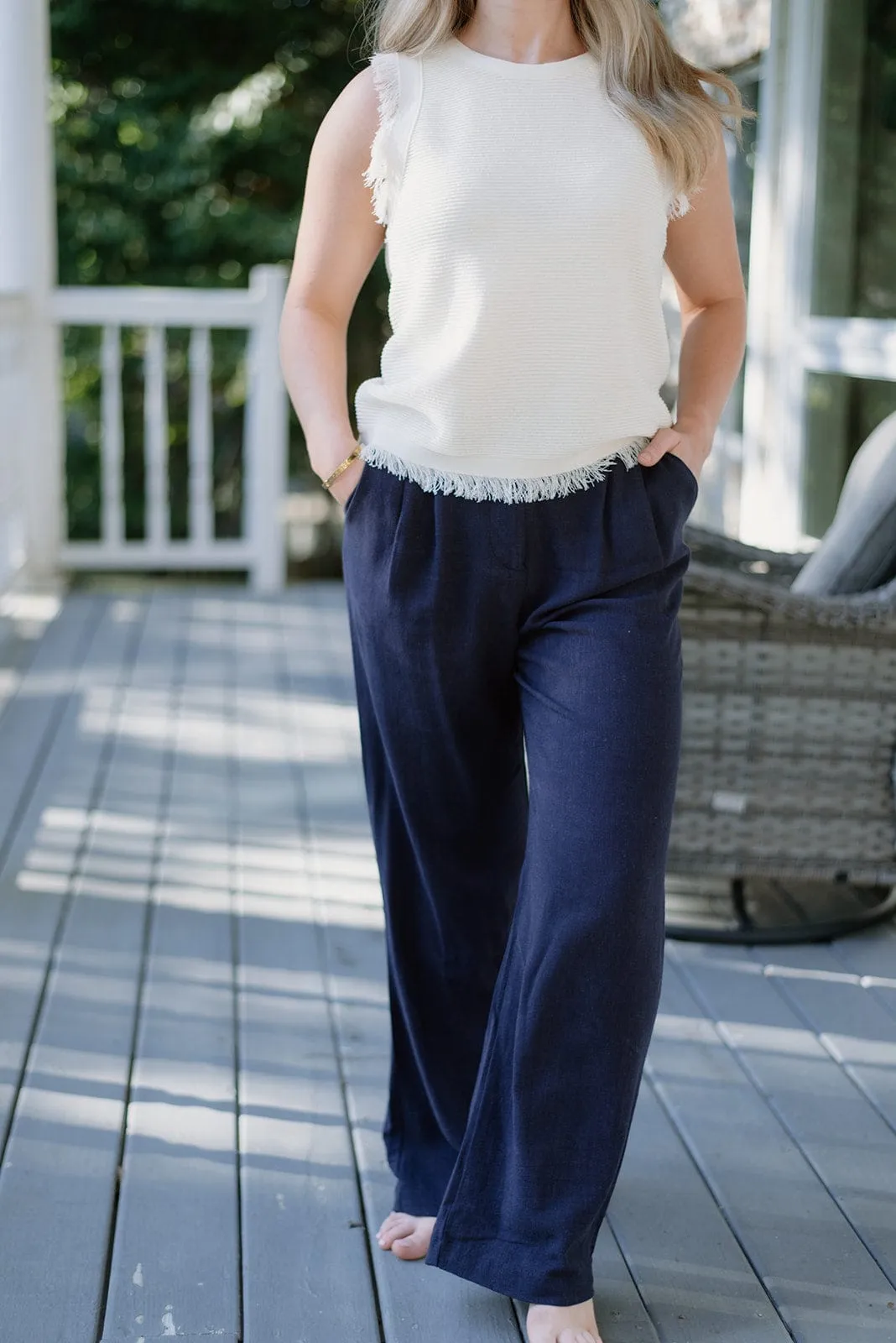 Navy Linen Blend Wide Leg Trousers