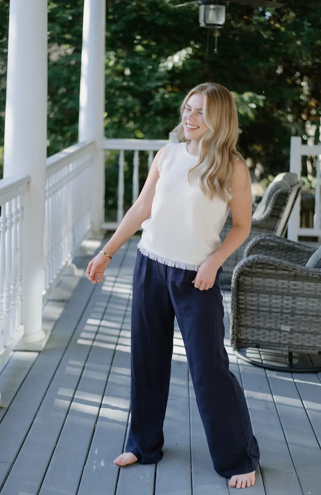Navy Linen Blend Wide Leg Trousers