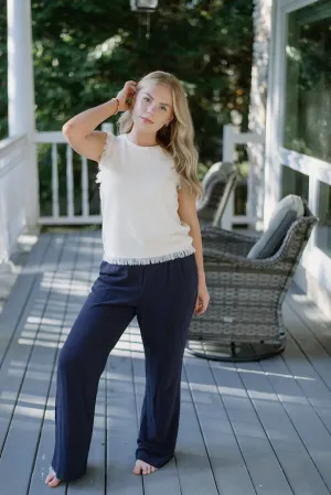Navy Linen Blend Wide Leg Trousers