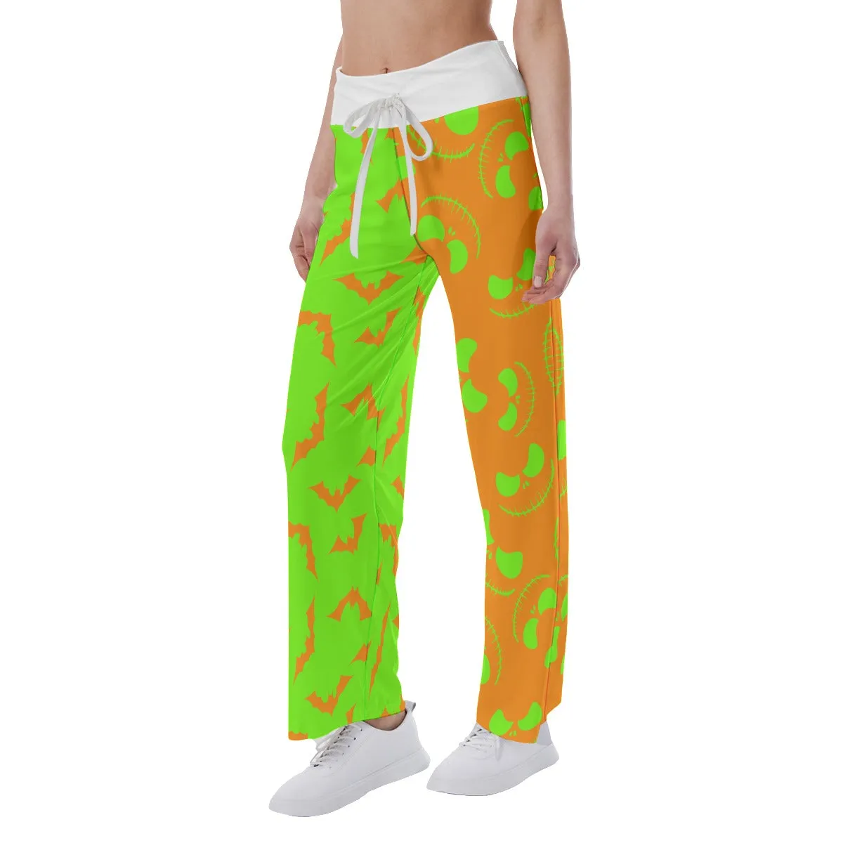 Orange Green Halloween Skull Nightmare Women's High-waisted Wide Leg Pants