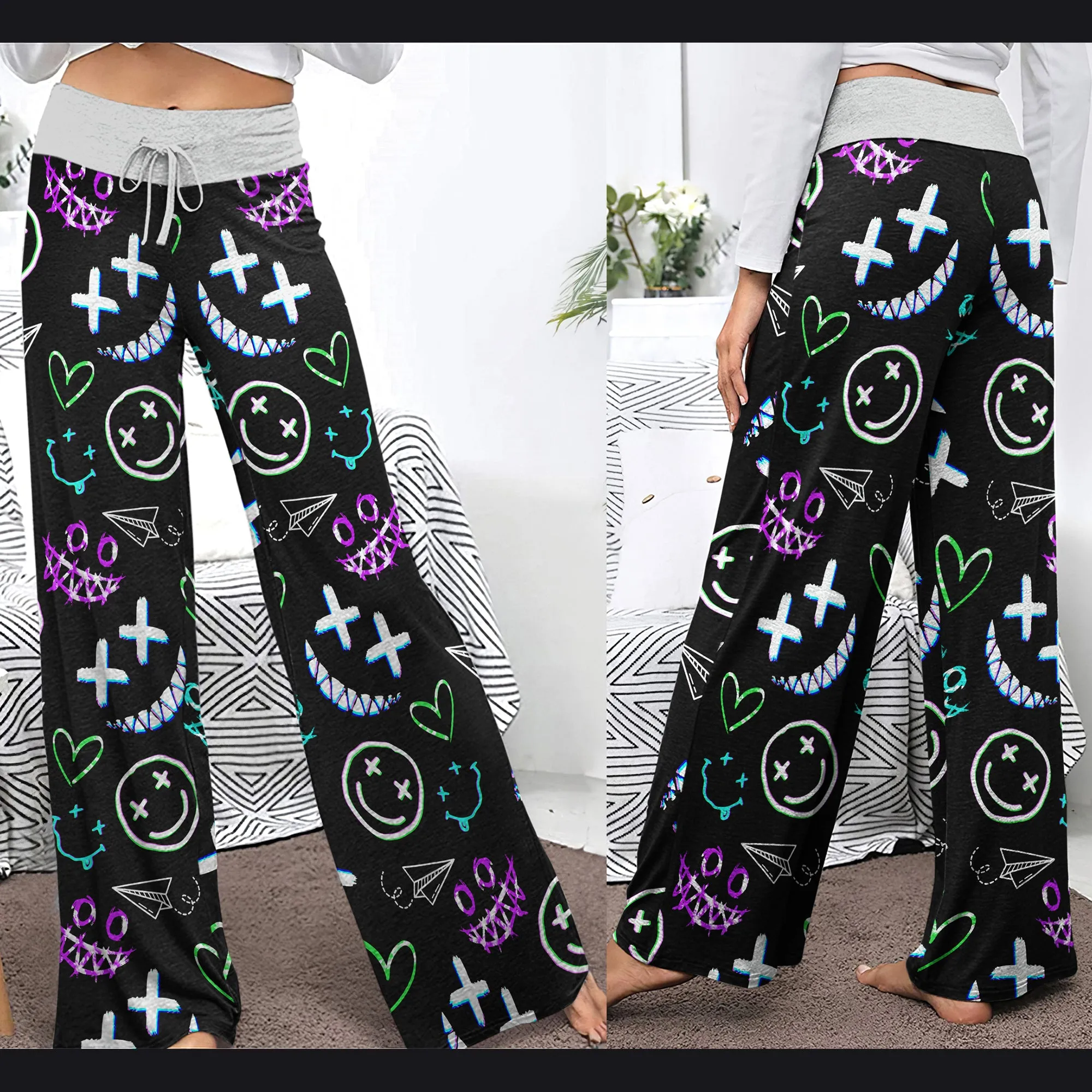 Pastel Emo Pattern Women's High-waisted Wide Leg Pants
