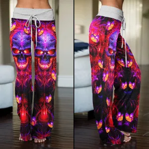 Purple Red Skull Butterfly Women's High-waisted Wide Leg Pants