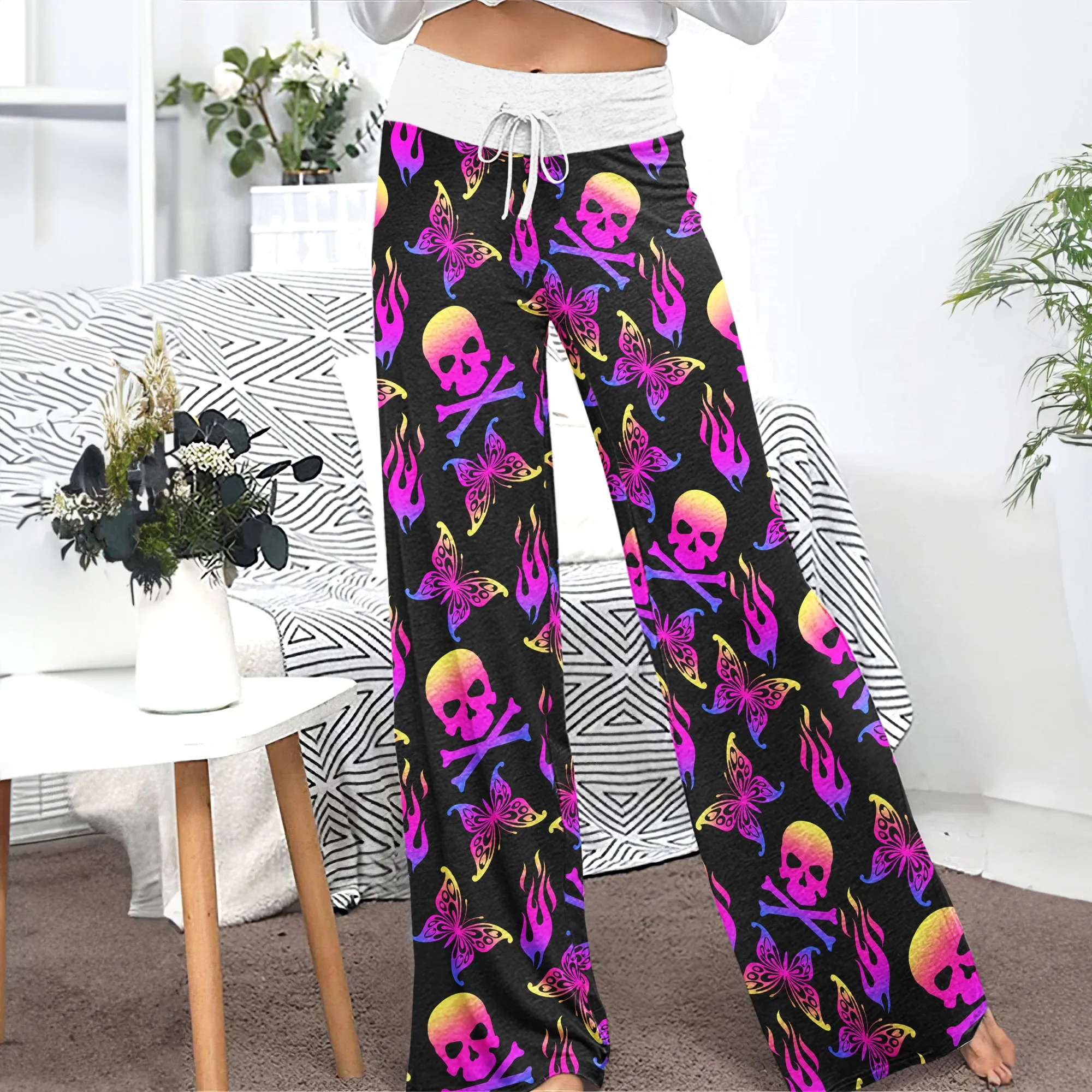 Purple Skull Butterfly Women's High-waisted Wide Leg Pants