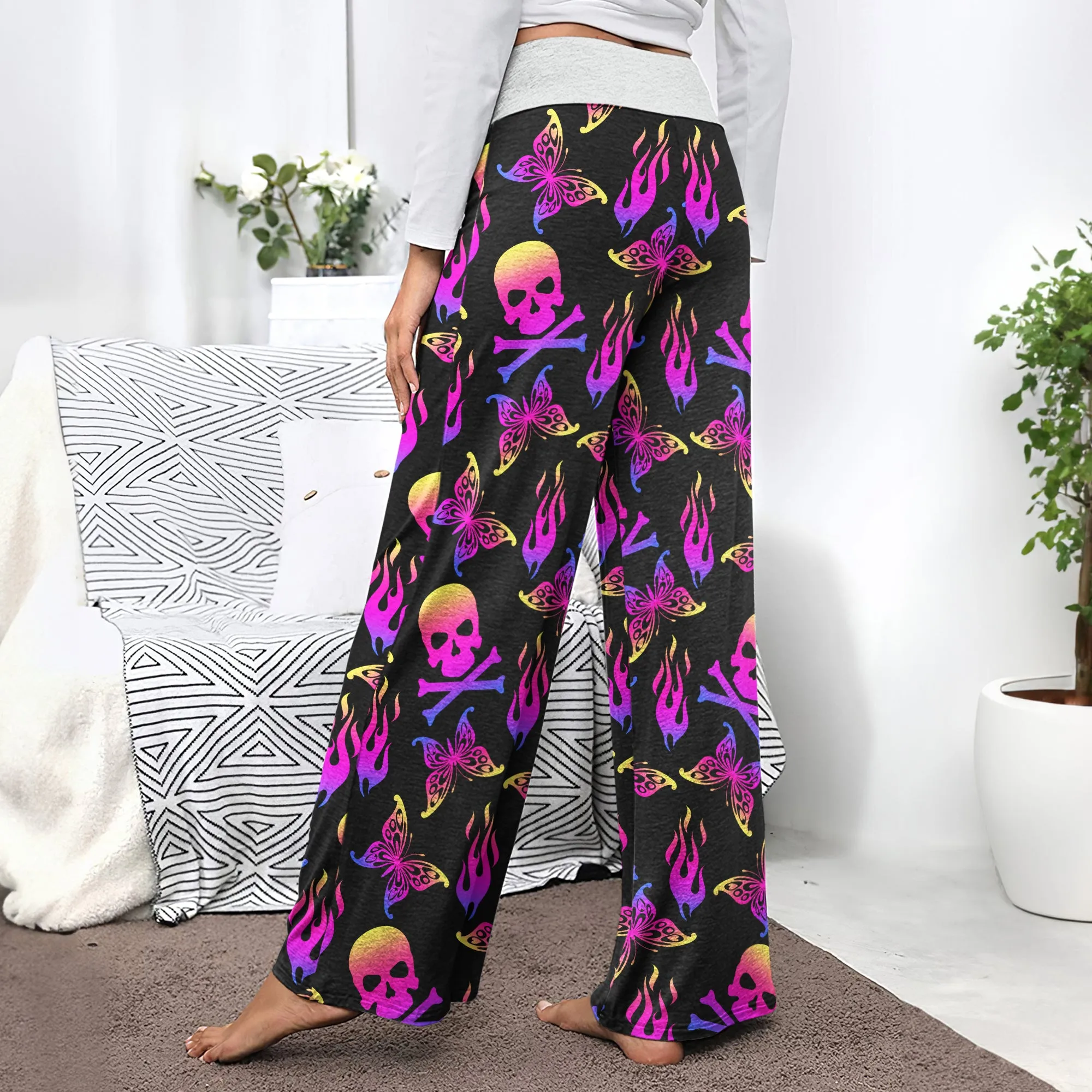 Purple Skull Butterfly Women's High-waisted Wide Leg Pants