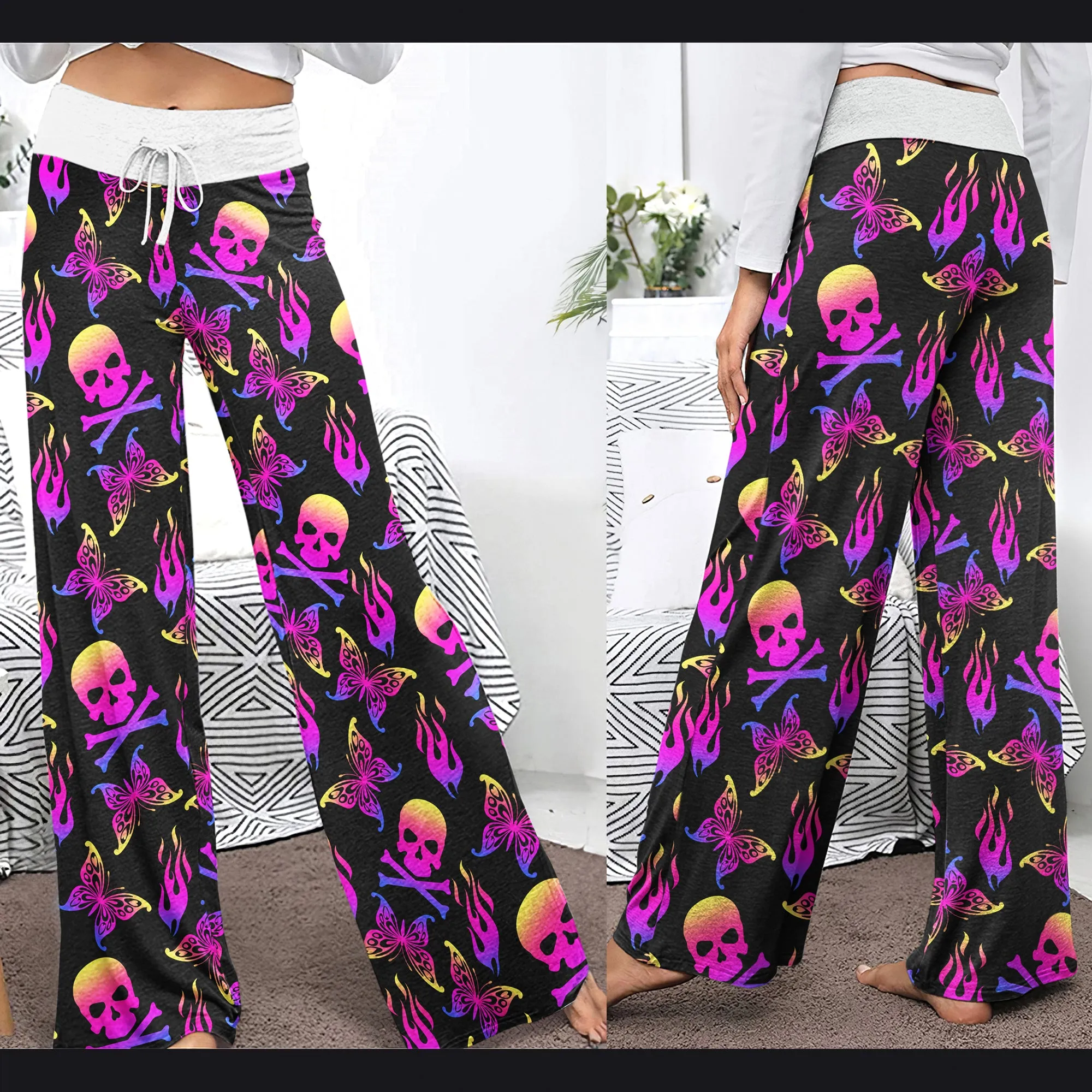 Purple Skull Butterfly Women's High-waisted Wide Leg Pants