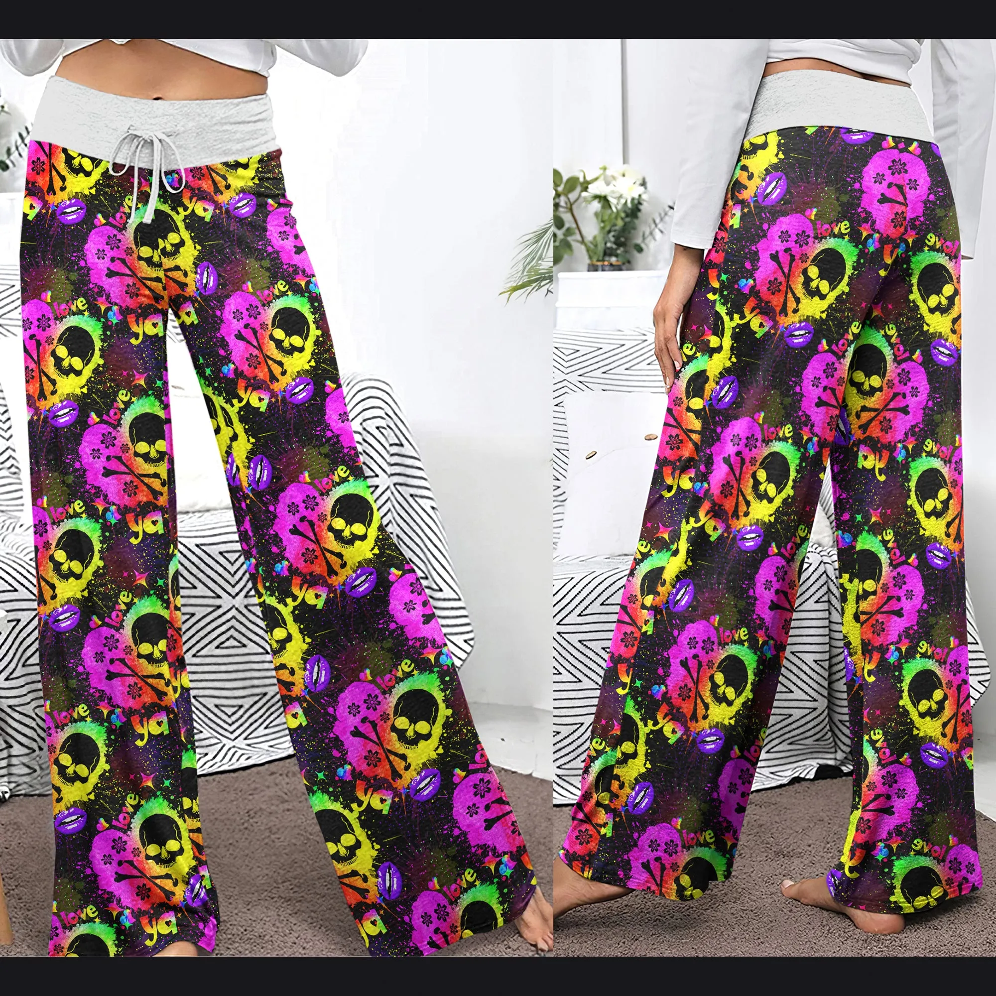 Rainbow Skull Heart Pattern Women's High-waisted Wide Leg Pants