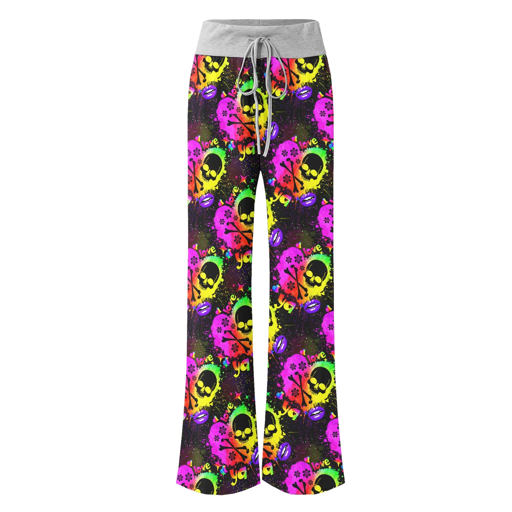 Rainbow Skull Heart Pattern Women's High-waisted Wide Leg Pants